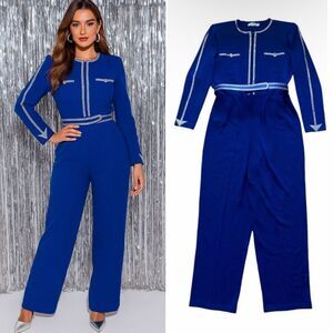 ST. JOHN Size 14 Royal Blue Made In USA Rhinestone Trimmed Knit Jumpsuit Pockets
